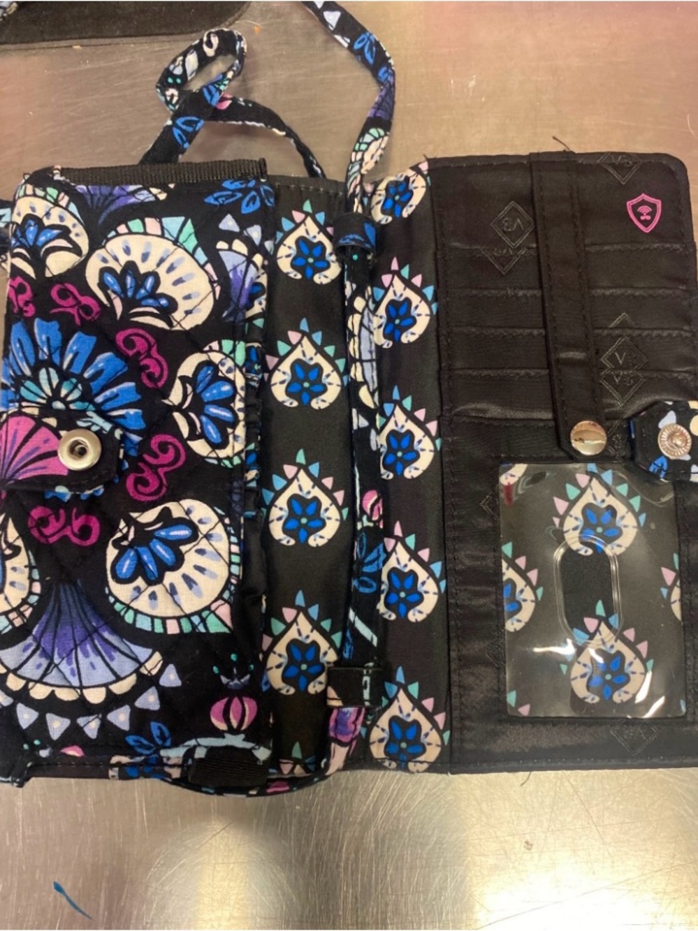 Vera Bradley Black Crossbody with Blue, Purple, Pink and Cream Floral Print